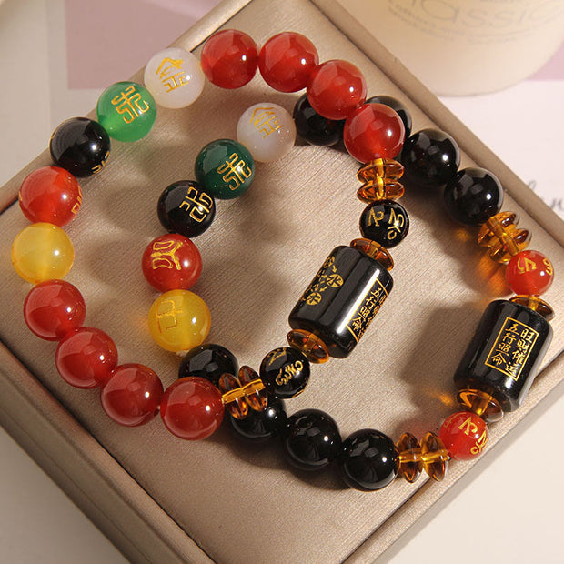 Buddha Stones Five Elements Black Onyx Red Agate Wisdom Wealth Bracelet Bracelet BS 30