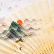 Buddha Stones Flying White Crane Sun Cloud Handheld Silk Bamboo Folding Fan 22cm