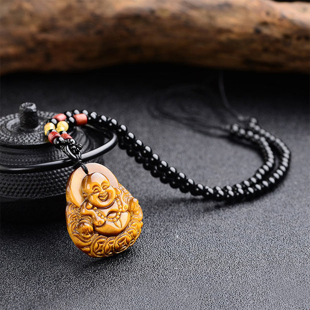Buddha Stones Tiger's Eye Laughing Buddha Blessing Necklace