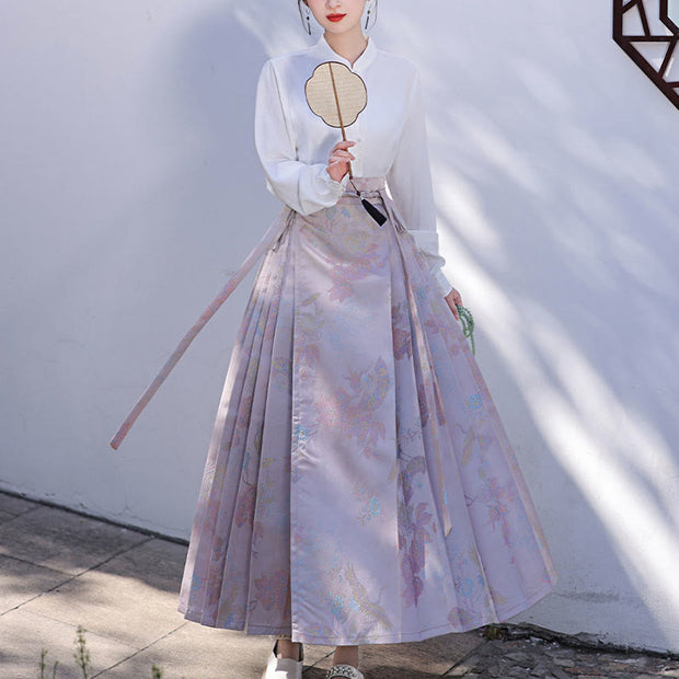 Buddha Stones Chinese Hanfu Pink Flying Crane Printed Horse Face Skirt Mamianqun 5