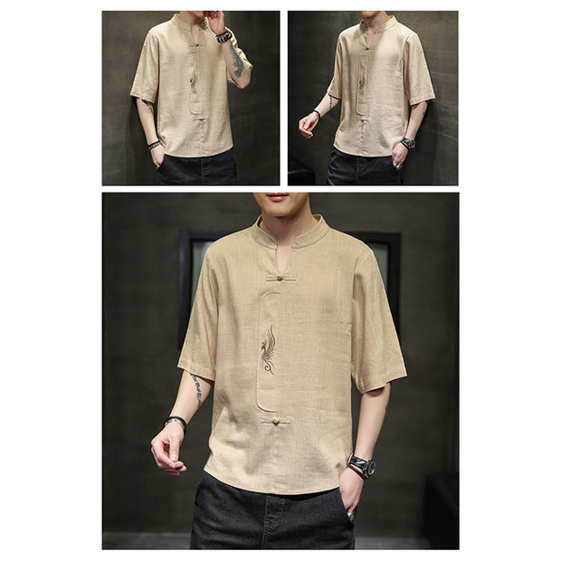 Buddha Stones Frog-Button Phoenix Embroidery Chinese Tang Suit Short Sleeve Shirt Cotton Linen Men Clothing Men's Shirts BS 15