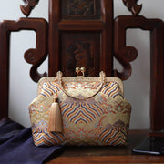 Buddha Stones Vintage Flower Butterfly Crane Sea Waves Metal Chain Crossbody Bag Shoulder Bag Handbag Handbags BS Yellow Sea Waves 22*18*8cm