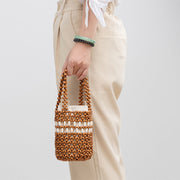 Buddha Stones Hand-woven Bucket Portable Wooden Beads Handbag Handbags BS 5