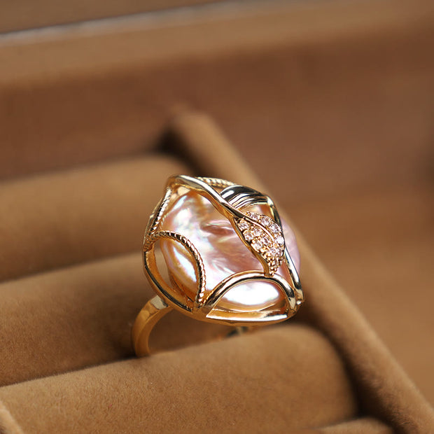 Buddha Stones Pearl Copper Plated Gold Flower Happiness Wealth Ring Ring BS 3