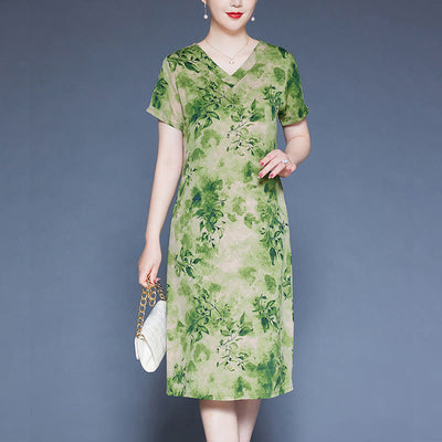 Buddha Stones V-Neck Green Leaves Flowers Pattern Short Sleeve Midi Dress With Pockets
