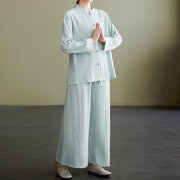 Buddha Stones 2Pcs Tang Suit Long Sleeve Shirt Top Pants Meditation Zen Tai Chi Cotton Linen Clothing Women's Set Women's Meditation Cloth BS 18