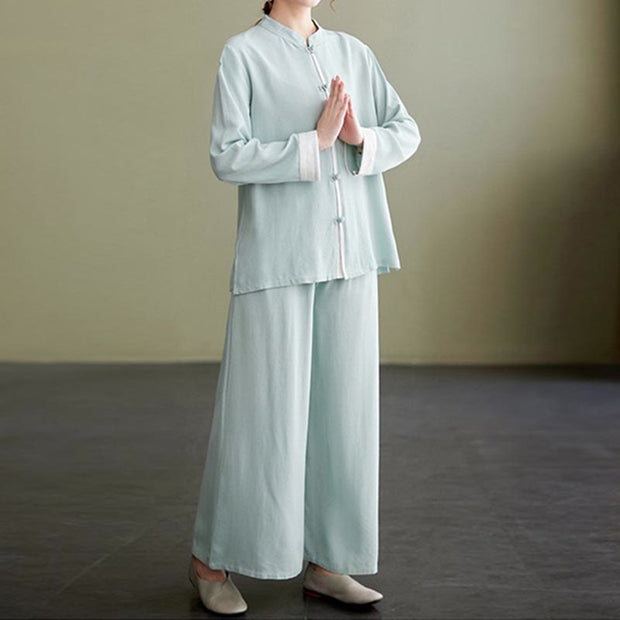 Buddha Stones 2Pcs Tang Suit Long Sleeve Shirt Top Pants Meditation Zen Tai Chi Cotton Linen Clothing Women's Set Women's Meditation Cloth BS 18