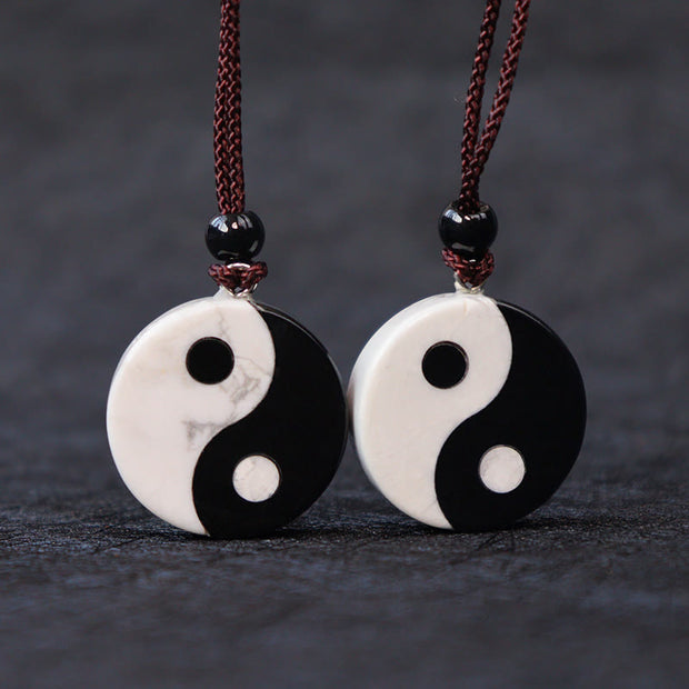 Buddha Stones Natural Black Obsidian White Turquoise Yin Yang Fulfilment Strength Necklace Pendant