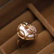 Buddha Stones Pearl Copper Plated Gold Flower Happiness Wealth Ring Ring BS 2