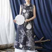 Buddha Stones Ancient Ramie Linen Flowers Printing Cheongsam Dresses Sleeveless Dress 1