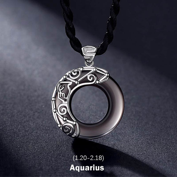 Buddha Stones 12 Constellations of the Zodiac Ice Obsidian Blessing Round Pendant Necklace Necklaces & Pendants BS Aquarius