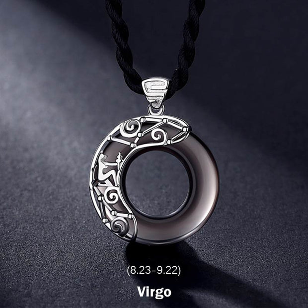 Buddha Stones 12 Constellations of the Zodiac Ice Obsidian Blessing Round Pendant Necklace