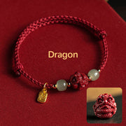 Buddha Stones Natural Cinnabar Chinese Zodiac Hetian Jade Fu Character Luck Rope Bracelet - Dragon(Wrist Circumference 14-18cm) - image 4