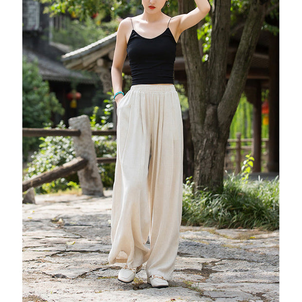 Buddha Stones Solid Color Loose Wide Leg Pants With Pockets