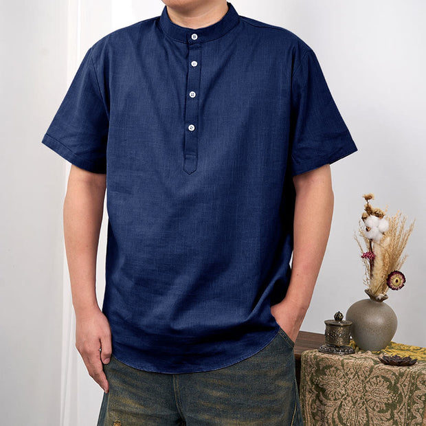 Buddha Stones Men's Plain Color Short Sleeve Half Button Cotton Linen Shirt Men's Shirts BS Blue 3XL(Fit for US/UK/AU44; EU54)