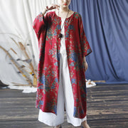 Buddha Stones Red Blue Flowers Print Cotton Three Quarter Sleeve Open Front Jacket Coat