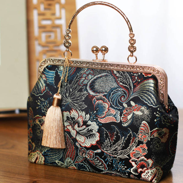 Buddha Stones Vintage Flower Butterfly Crane Sea Waves Metal Chain Crossbody Bag Shoulder Bag Handbag Handbags BS 4
