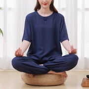 Buddha Stones 2Pcs Half Sleeve T-Shirt Pants Meditation Zen Tai Chi Cotton Linen Clothing Unisex Set 19