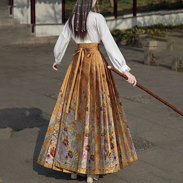 Buddha Stones Golden Flower Phoenix Embroidery Long Sleeve Shirt Top Chinese Hanfu Ming Dynasty Horse Face Skirt Mamianqun Skirt 14