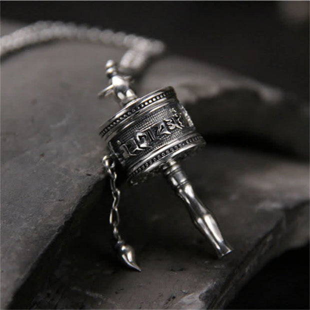 Buddha Stones 925 Sterling Silver Om Mani Padme Hum Prayer Wheel Purity Rotatable Necklace Pendant