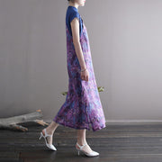 Buddha Stones Vintage Purple Flower Print Ramie Linen Cheongsam Midi Dress With Pockets Cheongsam Dresses BS 13