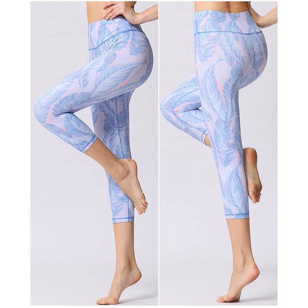 Buddha Stones Leaves Butterfly Print Sports Yoga Cropped Leggings Women's Yoga Capri Pants Women's Capri Pants BS 12