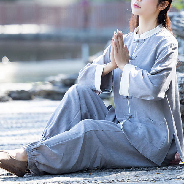 Buddha Stones 2Pcs Frog-Button Long Sleeve Shirt Top Pants Meditation Zen Tai Chi Cotton Linen Clothing Women's Set