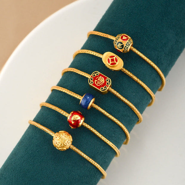 Buddha Stones Tibetan 18K Gold Om Mani Padme Hum Lucky Koi Fish Fu Character Ingot Copper Coin Peace Bracelet Bracelet BS 1