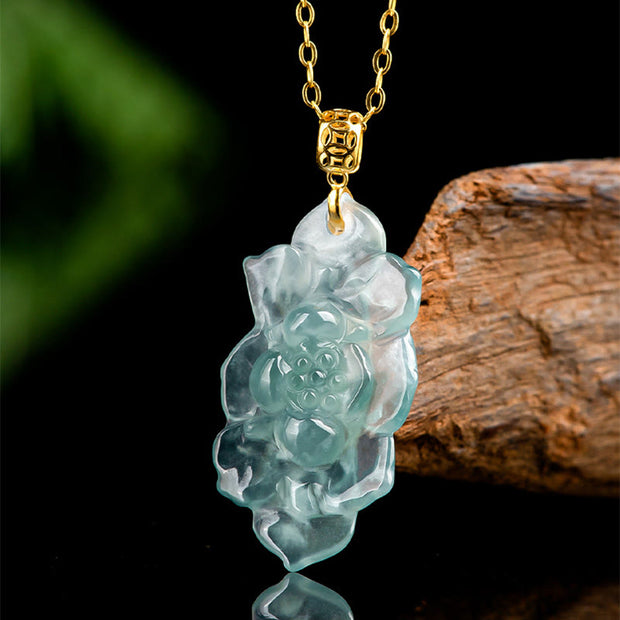 Buddha Stones 925 Sterling Silver Chain 18K Gold Buckle Natural Jade Lotus Pattern Prosperity Necklace Pendant - image 1
