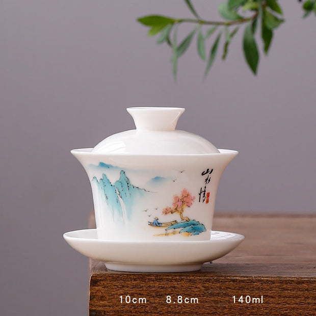 Buddha Stones White Porcelain Mountain Landscape Countryside Ceramic Gaiwan Teacup Kung Fu Tea Cup And Saucer With Lid Cup BS Long Cup-Red Tree(8.8cm*10cm*140ml)