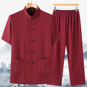 Buddha Stones Good Luck Character Tang Suit Hanfu Traditional Uniform Short Sleeve Top Pants Clothing Men's Set 15