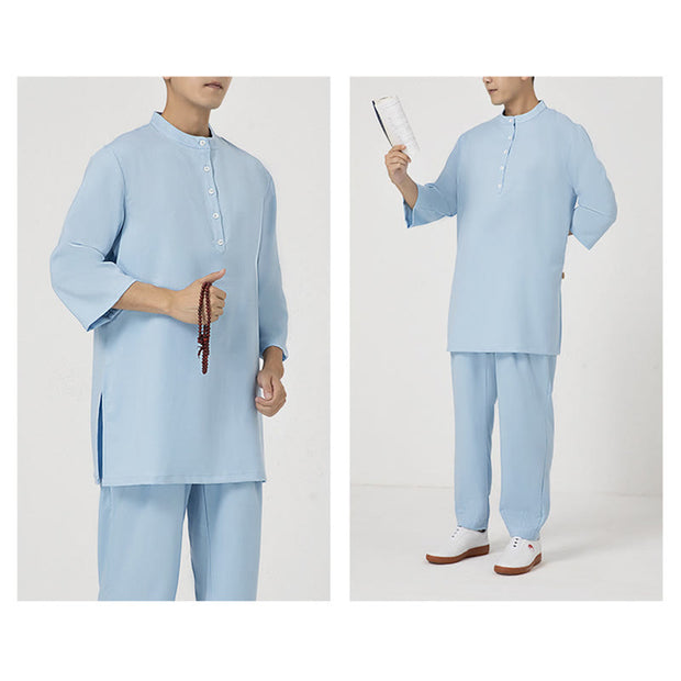Buddha Stones 2Pcs Buttons Men's Three Quarter Sleeve Shirt Top Pants Meditation Zen Tai Chi Cotton Linen Clothing Set 10