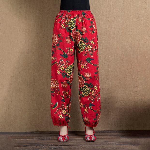 Buddha Stones Ethnic Style Red Green Flowers Print Harem Pants With Pockets Women's Harem Pants BS Red Yellow Flowers(Waist 63-100cm/Hips 122cm/Length 92cm)