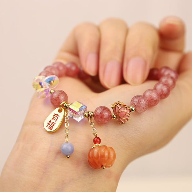 Buddha Stones Natural Strawberry Quartz Fu Character Pumpkin Charm Positive Bracelet Bracelet BS 3