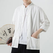 Buddha Stones Checkerboard Pattern Jacquard Half Sleeve Shirt Tang Suit Men's T-shirt Jacket With Pockets