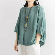 Buddha Stones Casual Plain Color Three Quarter Sleeve Cotton Linen T-shirt Tee