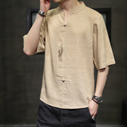 Buddha Stones Frog-Button Phoenix Embroidery Chinese Tang Suit Short Sleeve Shirt Cotton Linen Men Clothing