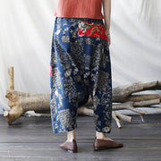 Buddha Stones Red Peony Blue Bamboo Chrysanthemum Patchwork Cotton Linen Harem Pants With Pockets 3