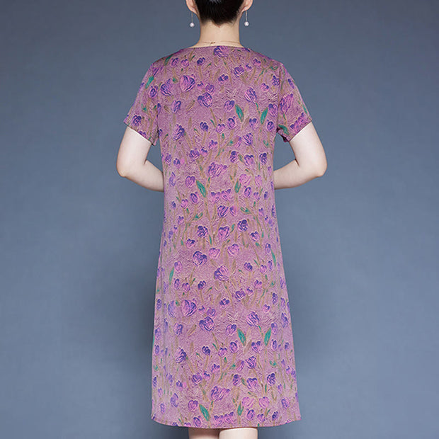Buddha Stones V-Neck Tulip Flowers Short Sleeve Midi Dress With Pockets