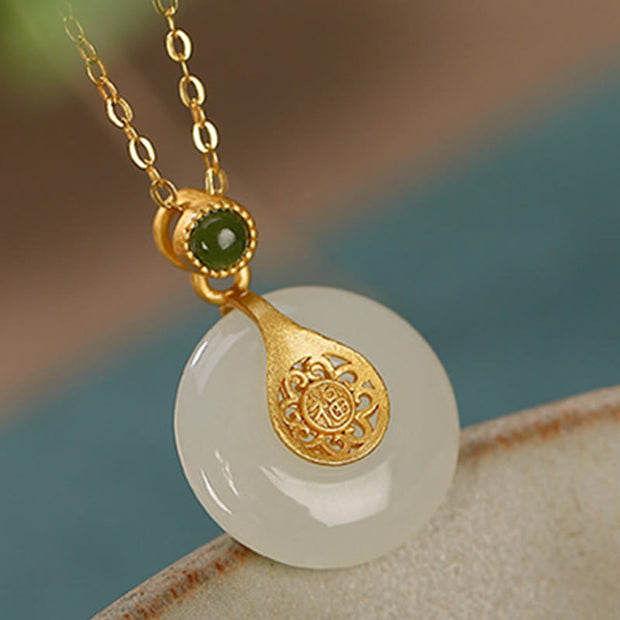 Buddha Stones 925 Sterling Silver Plated Gold Hetian Jade Fu Character Luck Necklace Pendant Bracelet Earrings