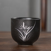 Buddha Stones Hand Painted Lotus Flower Bamboo Chrysanthemum Black Pottery Ceramic Teacup Kung Fu Tea Cup 95ml Cup BS Orchid 6.3cm*5.7cm*95ml