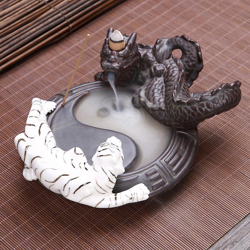 Buddha Stones Tiger Dragon Backflow Smoke Fountain Ceramic