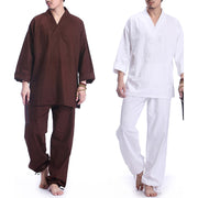 Buddha Stones Meditation Prayer V-neck Design Cotton Linen Spiritual Zen Practice Yoga Clothing Men's Set Clothes BS 16