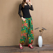 Buddha Stones Ethnic Style Red Green Flowers Print Harem Pants With Pockets Women's Harem Pants BS 43
