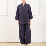 Buddha Stones 2Pcs V-Neck Three Quarter Sleeve Shirt Top Pants Meditation Zen Tai Chi Cotton Linen Clothing Women's Set 8