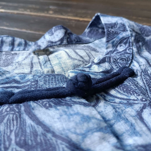 Buddha Stones Retro Blue White Flowers Frog-Button Design Long Sleeve Ramie Linen Jacket Shirt 9