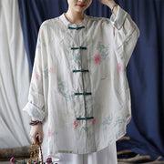 Buddha Stones White Red Flowers Green Leaves Frog-Button Long Sleeve Ramie Linen Jacket Shirt 25