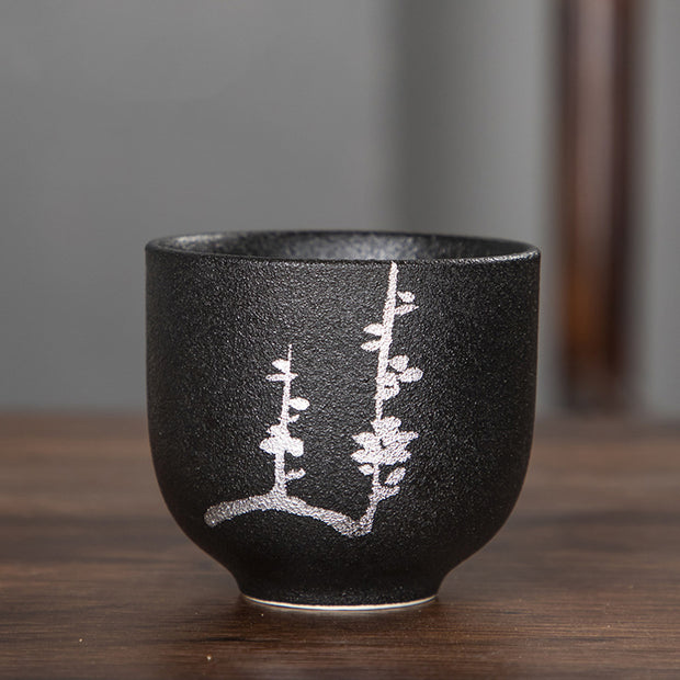 Buddha Stones Hand Painted Lotus Flower Bamboo Chrysanthemum Black Pottery Ceramic Teacup Kung Fu Tea Cup 95ml Cup BS Flower Branches 6.3cm*5.7cm*95ml