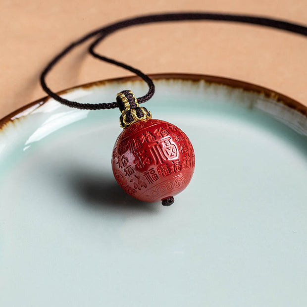Buddha Stones Natural Cinnabar Fu Character Om Mani Padme Hum Engraved Calm Necklace Pendant