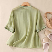 Buddha Stones Flower Embroidery Frog-Button Short Sleeve Cotton Linen Shirt T-shirt Tee
